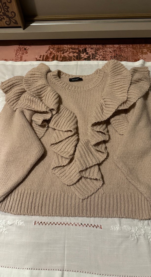 Uçuk Pembe Kadın Fırfırlı Kalın Triko Kazak - Görsel 2