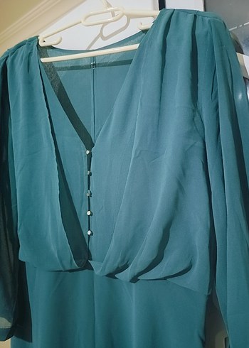 Uzun Kollu Turkuaz Ofis Elbisesi - Görsel 2