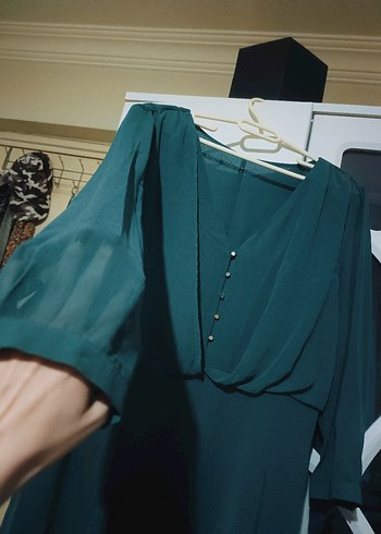 Uzun Kollu Turkuaz Ofis Elbisesi - Görsel 3