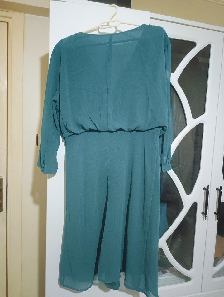 Uzun Kollu Turkuaz Ofis Elbisesi - Görsel 4