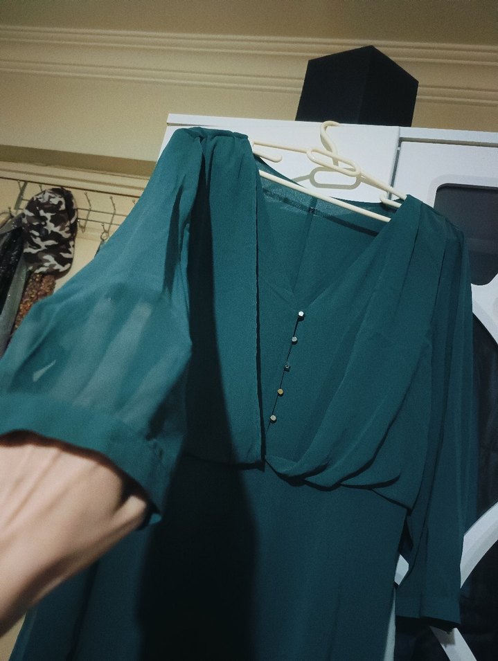 Uzun Kollu Turkuaz Ofis Elbisesi - Görsel 3