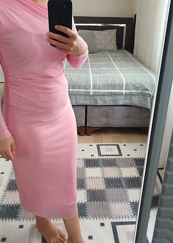 Diğer Pembe Drapeli Midi Kalem Elbise