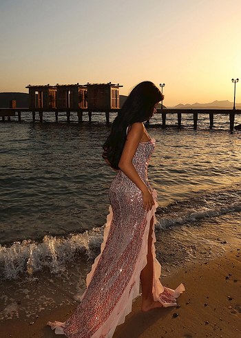 Pembe Askılı Uzun Drapeli Kadın Elbise - Görsel 3