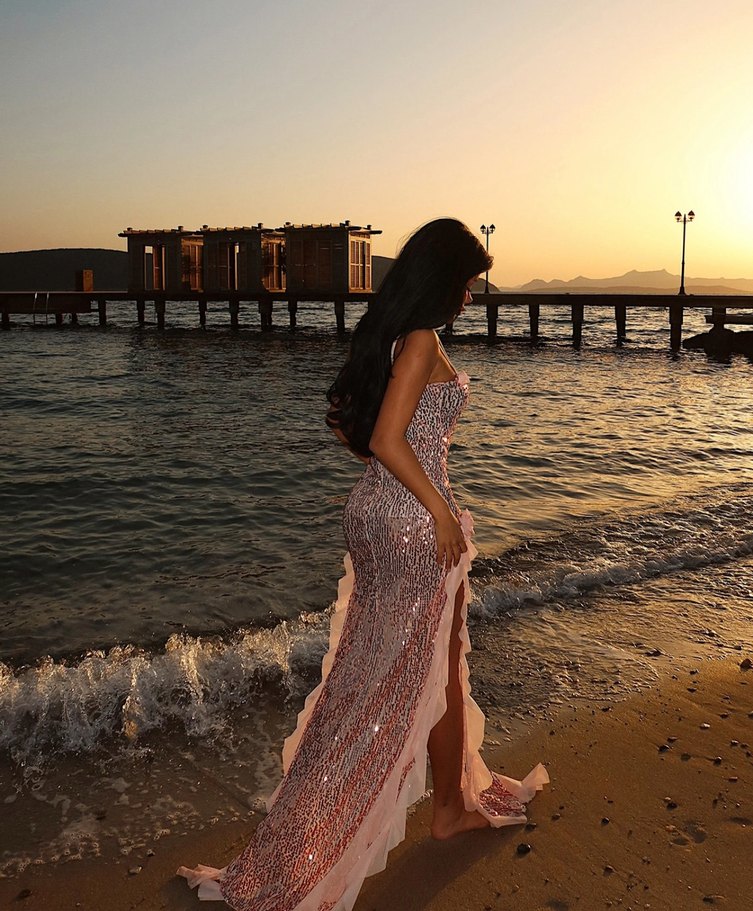 Pembe Askılı Uzun Drapeli Kadın Elbise - Görsel 3