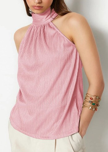 Pembe Dökümlü Mini Yüksek Yakalı Bluz - Görsel 2