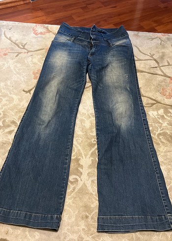 Düğmeli Bol Kesim Mavi Denim Pantolon