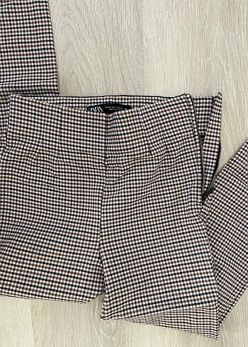 34 Beden Zara Ekoseli, Fermuarlı Bej Kadın Kumaş Pantolon