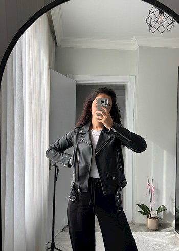 Siyah Kadın Deri Biker Ceket - Görsel 2