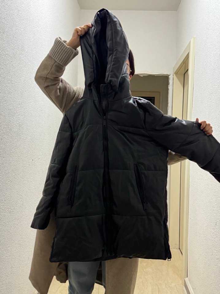 Siyah Deri Kadın Midi Mont - Görsel 2