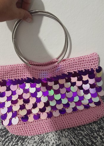 Pembe Nakışlı Örgü Kadın Çanta