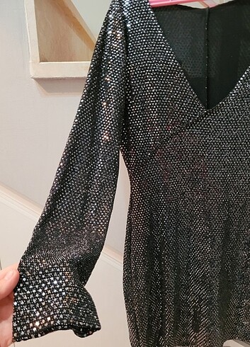 Balmain ETİKETLİ. Pullu Payetli Uzun Kollu Gece Elbisesi