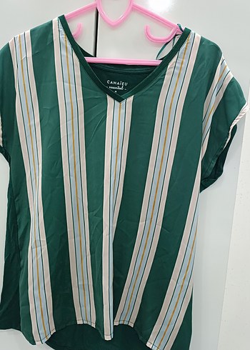 Yeşil Çizgili V Yaka  bluz - Görsel 2