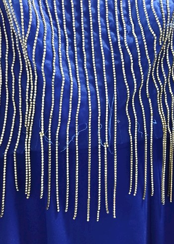 Parlak Mavi Uzun Kollu Drapeli Abiye Elbise - Görsel 3