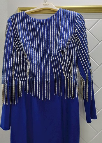 Parlak Mavi Uzun Kollu Drapeli Abiye Elbise - Görsel 2