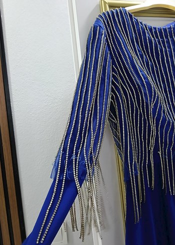 Parlak Mavi Uzun Kollu Drapeli Abiye Elbise - Görsel 4