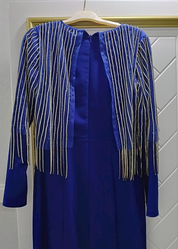 Parlak Mavi Uzun Kollu Drapeli Abiye Elbise - Görsel 6