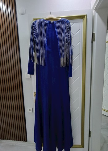 Parlak Mavi Uzun Kollu Drapeli Abiye Elbise - Görsel 5