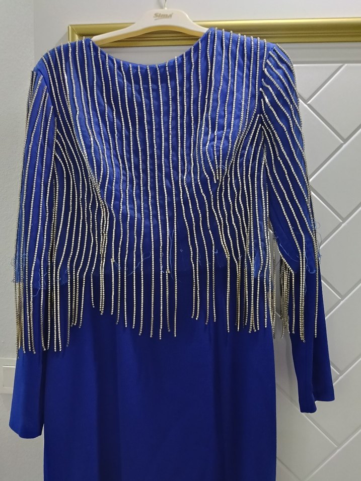 Parlak Mavi Uzun Kollu Drapeli Abiye Elbise - Görsel 2