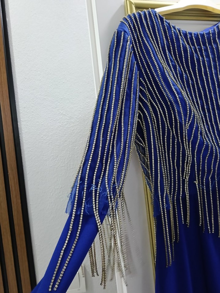 Parlak Mavi Uzun Kollu Drapeli Abiye Elbise - Görsel 4