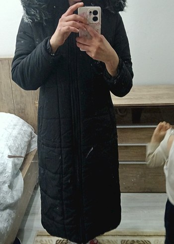 Kürk Detaylı Koyu Gri Midi Kadın Kışlık Mont - Görsel 2