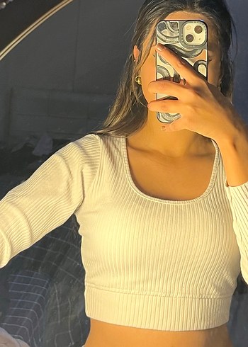 Beyaz Örme Kadın Crop Bluz
