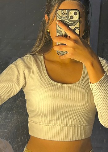 m Beden Beyaz Örme Kadın Crop Bluz