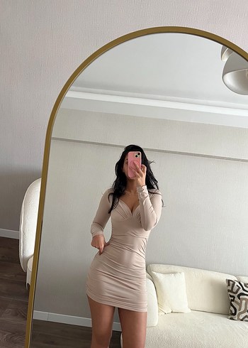s Beden Bej Uzun Kollu V Yaka Mini Elbise