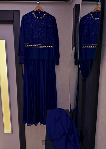 Boncuk İşlemeli Saks mavisi Uzun Abiye Elbise - Görsel 4