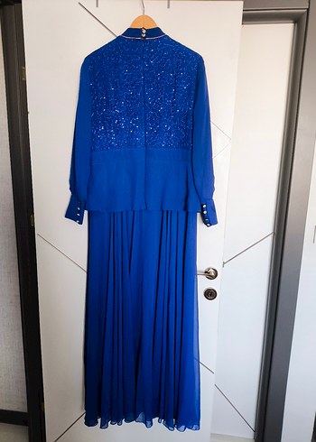 Boncuk İşlemeli Saks mavisi Uzun Abiye Elbise - Görsel 5