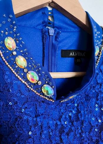 Boncuk İşlemeli Saks mavisi Uzun Abiye Elbise - Görsel 6