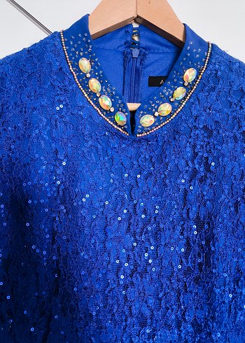 Boncuk İşlemeli Saks mavisi Uzun Abiye Elbise - Görsel 8