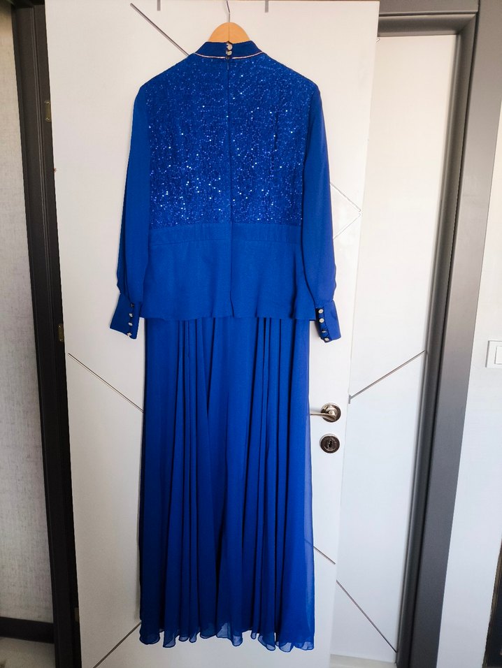 Boncuk İşlemeli Saks mavisi Uzun Abiye Elbise - Görsel 5