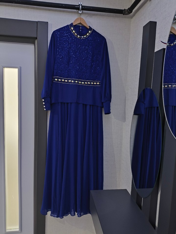 Boncuk İşlemeli Saks mavisi Uzun Abiye Elbise - Görsel 3