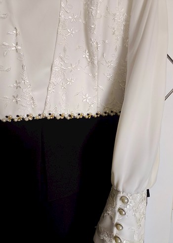 Uzun Kollu Krem-Siyah Abiye(Alvina) - Görsel 2