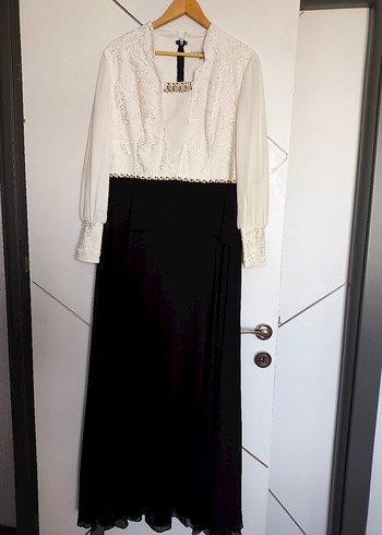 Uzun Kollu Krem-Siyah Abiye(Alvina) - Görsel 4