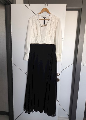 Uzun Kollu Krem-Siyah Abiye(Alvina) - Görsel 7