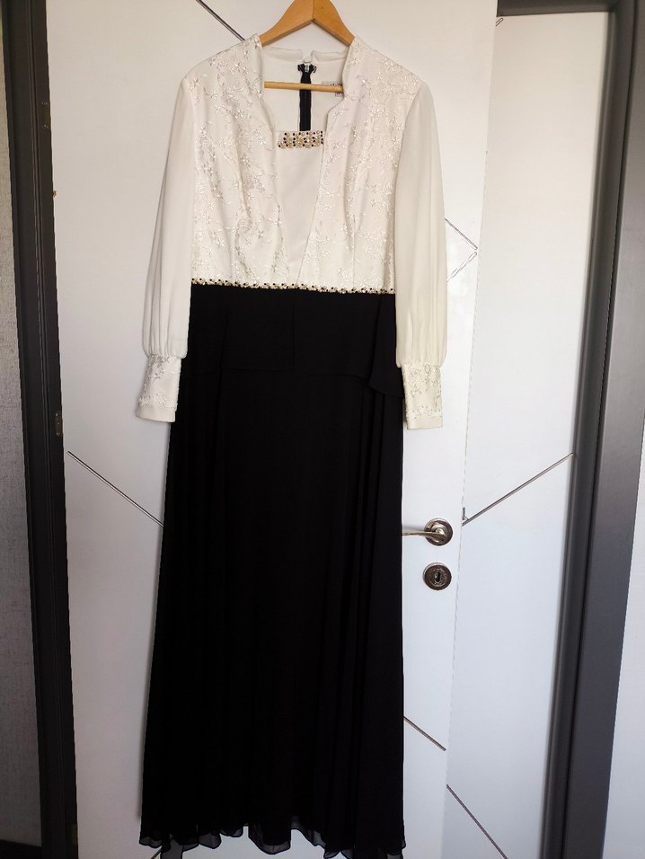 Uzun Kollu Krem-Siyah Abiye(Alvina) - Görsel 4