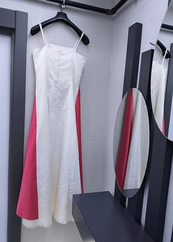 Pembe Nakışlı Uzun Kol Drapeli Saten Kadın Abiye - Görsel 6