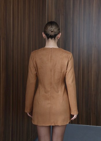 Taba Süet V Yaka Mini Elbise - Görsel 3