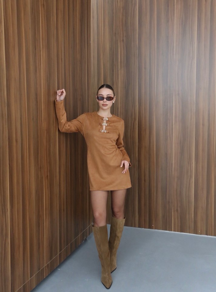 Taba Süet V Yaka Mini Elbise - Görsel 4