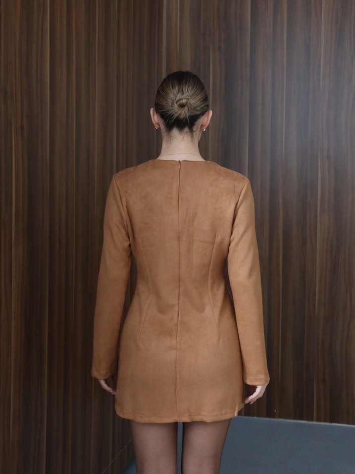 Taba Süet V Yaka Mini Elbise - Görsel 3