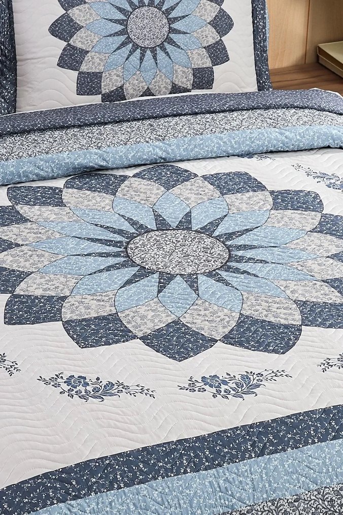 Mavi Gri Nakışlı Yatak Örtüsü - Görsel 3