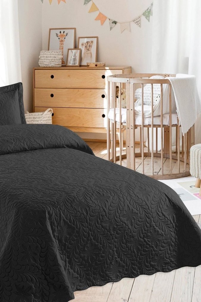 BLACK Star Siyah Nakışlı Tek kişilik Yatak Örtüsü - Görsel 2