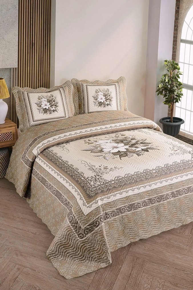 Nakışlı Bej ve Gri Yatak Örtüsü - Görsel 2