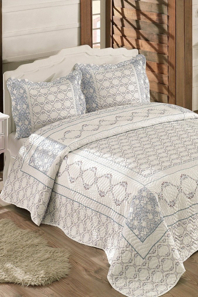 Nakışlı Gri Beyaz Yatak Örtüsü - Görsel 2