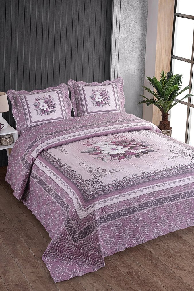 Pastel Mor Çiçek Desenli Yatak Örtüsü - Görsel 2