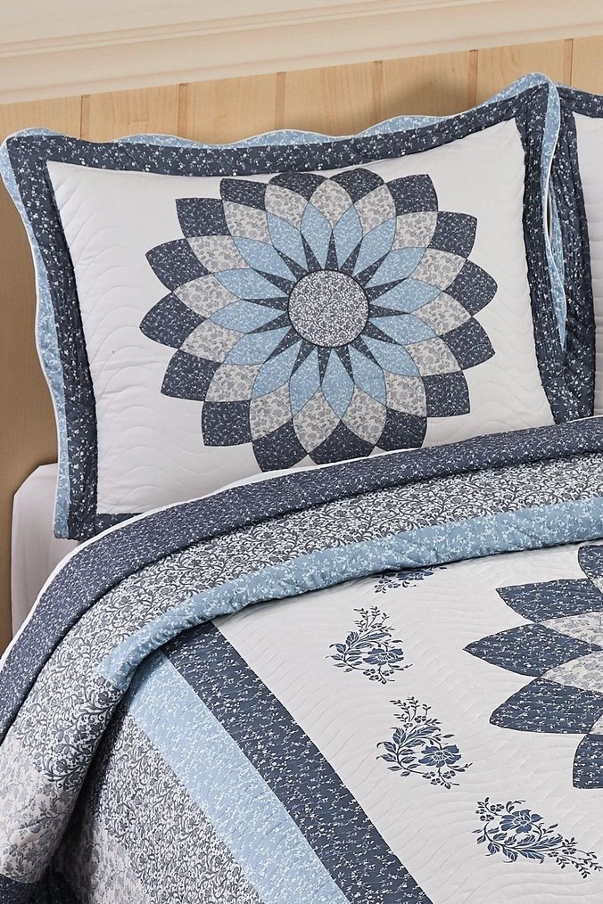 Nakışlı Mavi ve Gri Yatak Örtüsü - Görsel 2