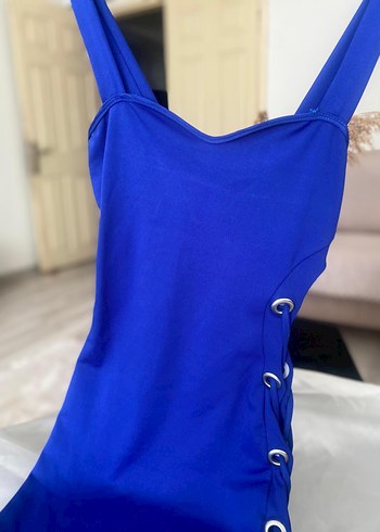 Mavi Askılı Kemerli Mini Elbise - Görsel 5