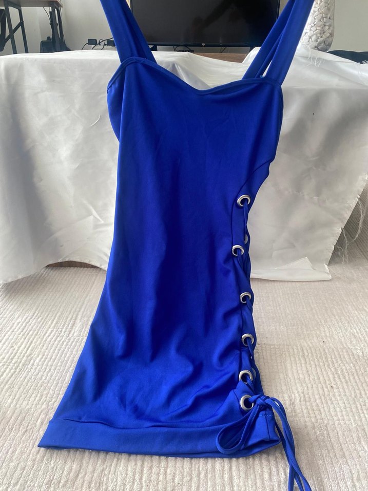 Mavi Askılı Kemerli Mini Elbise - Görsel 3