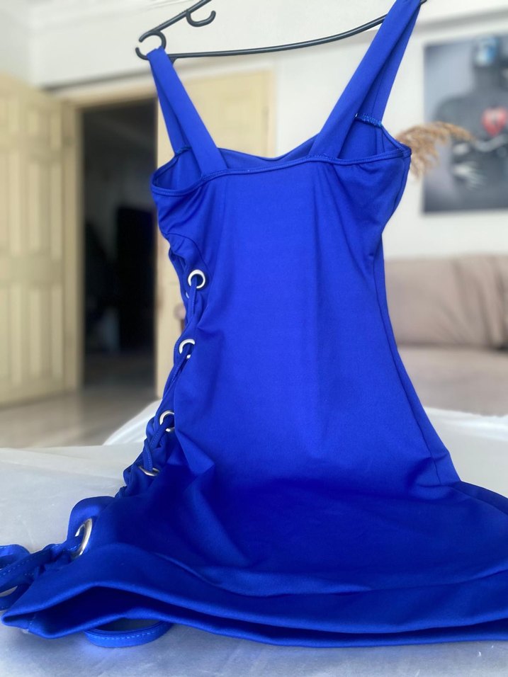 Mavi Askılı Kemerli Mini Elbise - Görsel 2